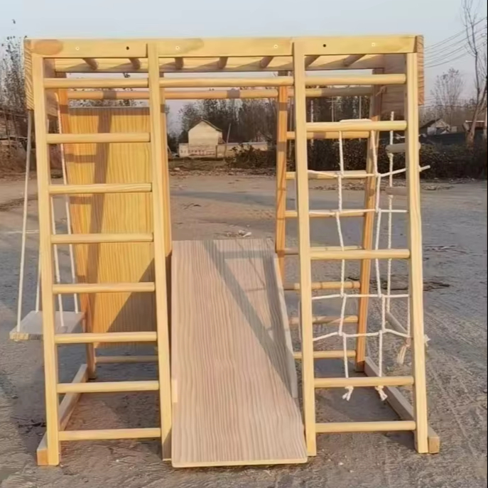 Kids Outdoor Climbing Frame - 子供用モンテッソーリ木製クライミングトライアングルティピープレイハウス、ジャングルジムプレイセット、木製室内遊具