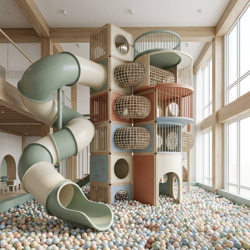 Kids Outdoor Climbing Frame - ミニマリスト室内遊園地、モジュール式ソフトプレイ、巨大滑り台、トランポリンアリーナ、高級ファミリーエンターテイメントセンター
