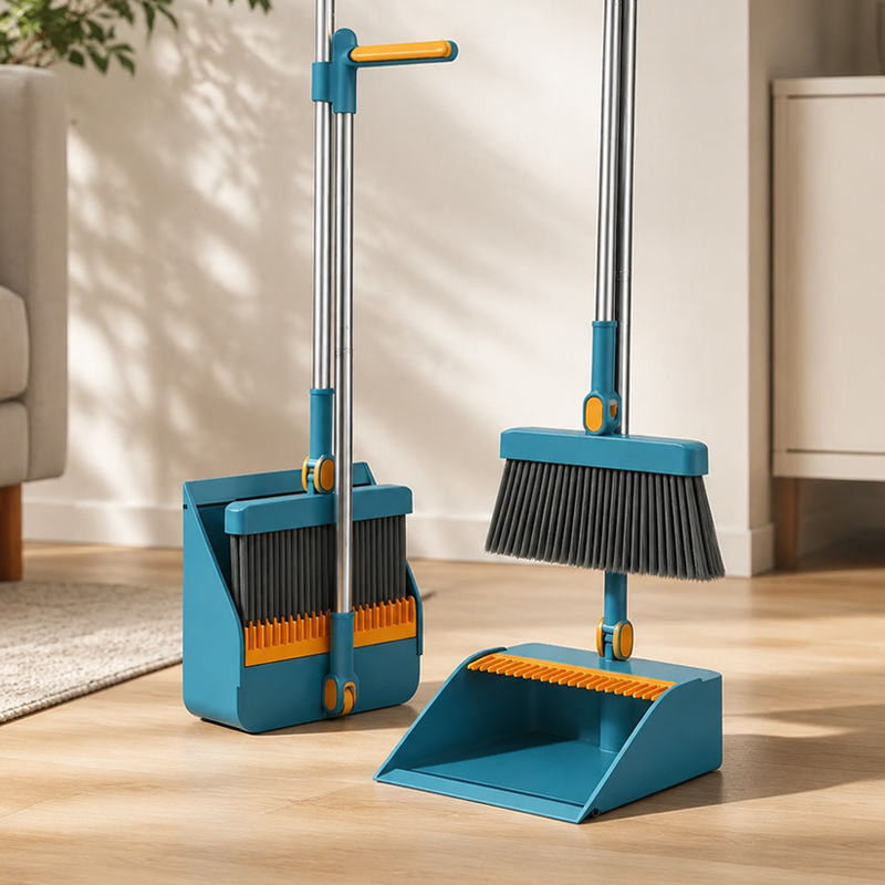 Kids Outdoor Broom - ロングハンドルほうきとちりとりセット 180 ° 回転式硬毛ブラシ、スクレーピング歯付き、バックル収納式で家庭のキッチンや床の清掃に最適