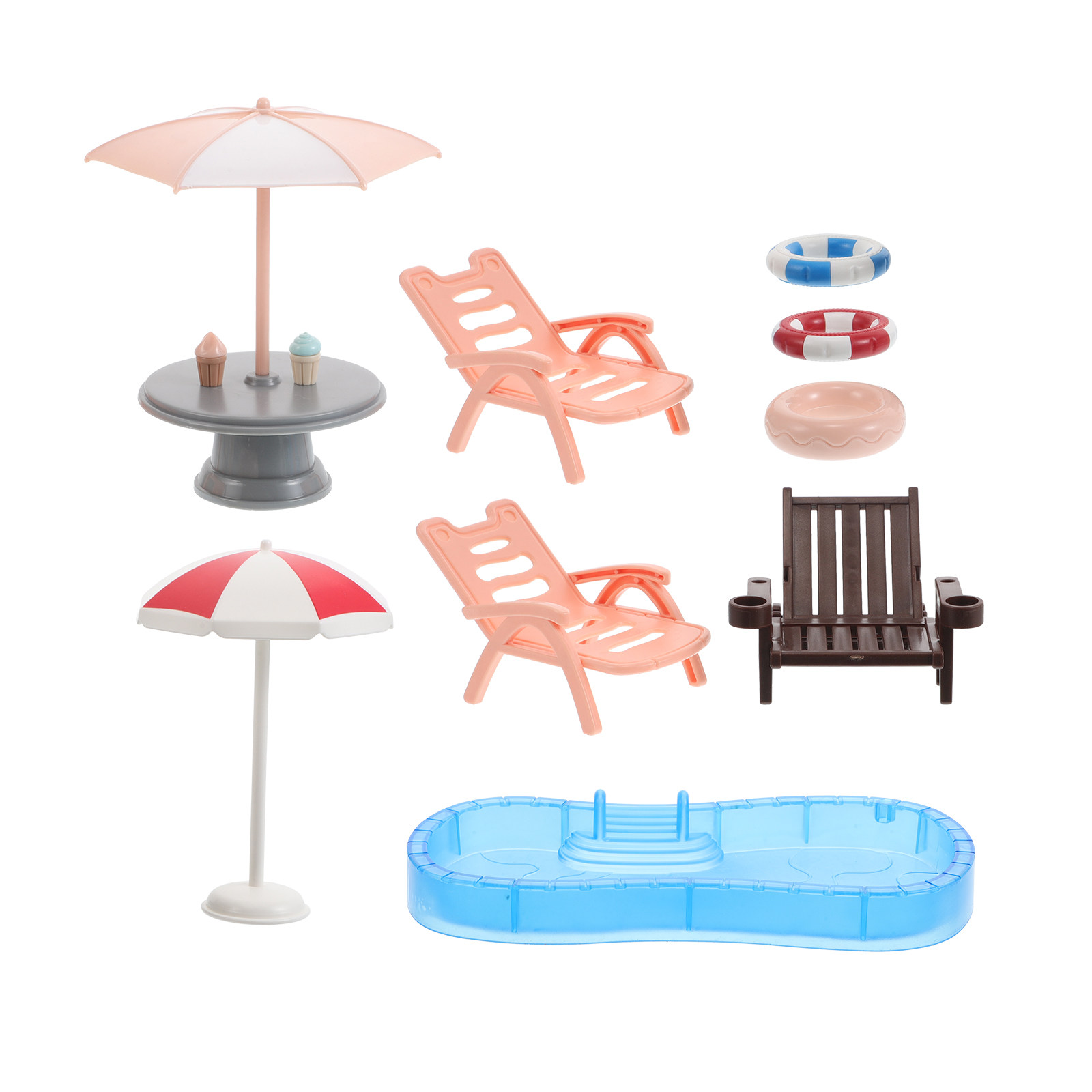 Kids Outdoor Furniture Set - 1セットのミニチュア水泳プールセット。ドールハウス用。ビーチチェア、浮き輪、持ち運び可能なミニチュア屋外家具、子供向けの装飾品が含まれています。